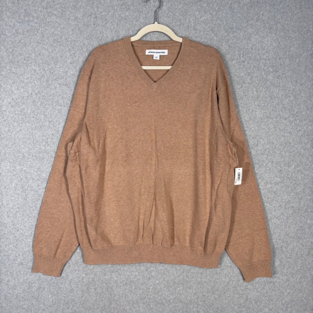 NEW‎ Amazon Essentials V Neck Sweater XXL Camel 100% Cotton Neutral Preppy Golf